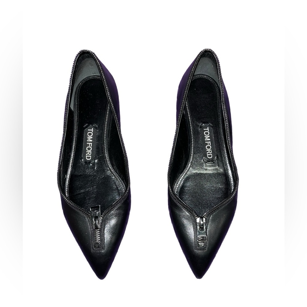 TOM FORD Zipper-Trim Leather Flat Shoes, Black Size 37.5